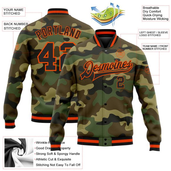 Custom Camo Black-Orange Bomber Full-Snap Varsity Letterman Salute To Service Jacket - Image 3