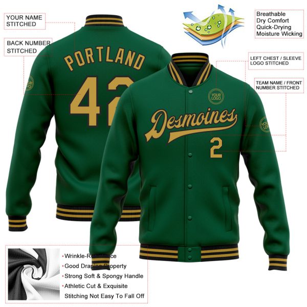 Custom Kelly Green Old Gold-Black Bomber Full-Snap Varsity Letterman Jacket - Image 3