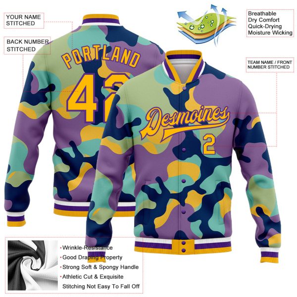 Custom Camo Gold-Purple Fluorescent Camouflage 3D Bomber Full-Snap Varsity Letterman Salute To Service Jacket - Image 3