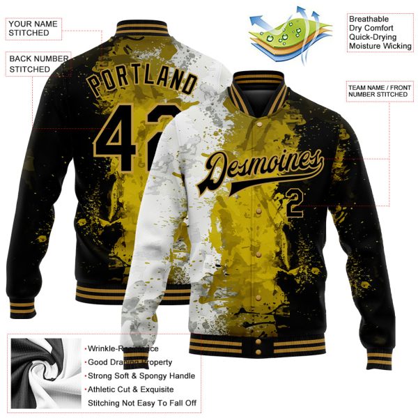 Custom Graffiti Pattern Black-Old Gold Grunge Art 3D Bomber Full-Snap Varsity Letterman Jacket - Image 3