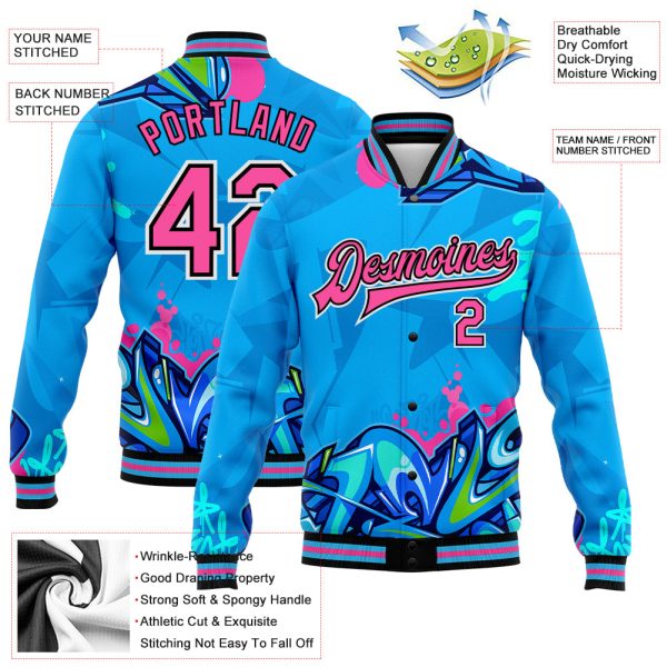 Custom Graffiti Pattern Pink-Black Hiphop Abstract Urban Street Art 3D Bomber Full-Snap Varsity Letterman Jacket - Image 3
