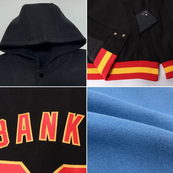 Custom Light Blue Red-Navy Bomber Full-Snap Varsity Letterman Two Tone Hoodie Jacket - Image 2
