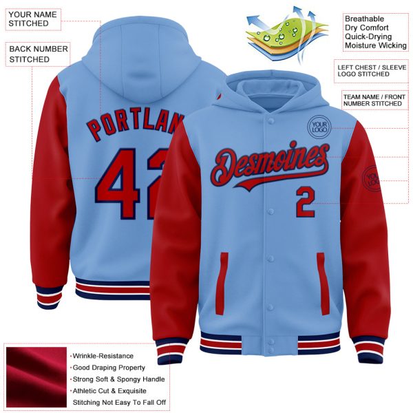 Custom Light Blue Red-Navy Bomber Full-Snap Varsity Letterman Two Tone Hoodie Jacket - Image 3