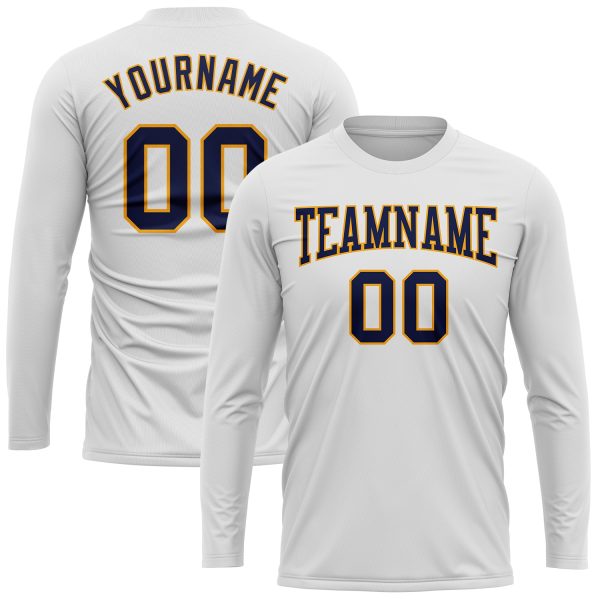 Custom White Navy-Gold Long Sleeve Performance T-Shirt - Image 2