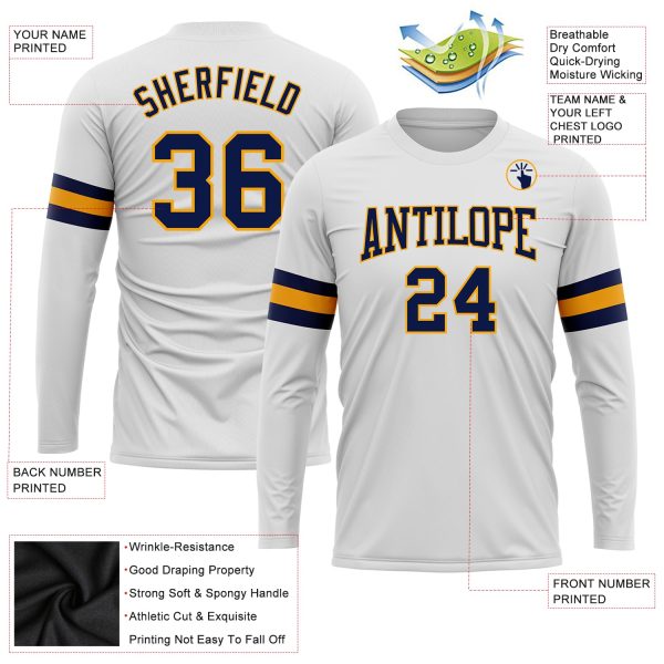 Custom White Navy-Gold Long Sleeve Performance T-Shirt - Image 3