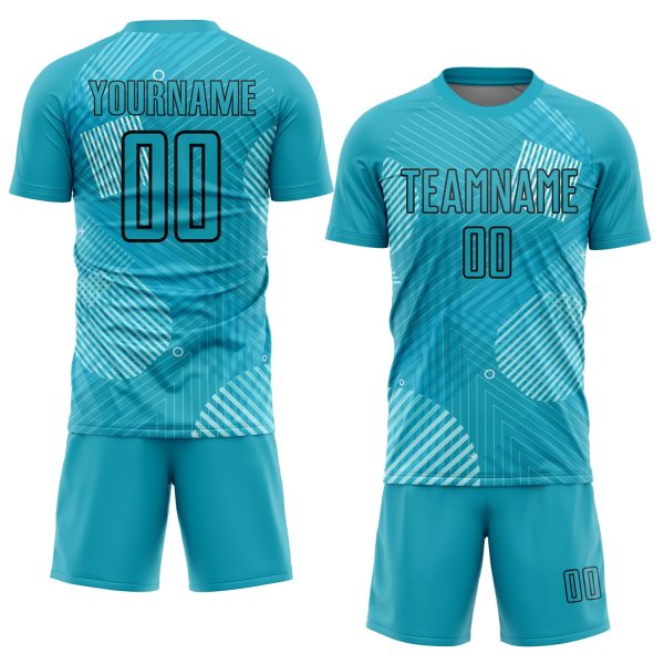 Custom Aqua Black Lines Sublimation Soccer Uniform Jersey - Image 2