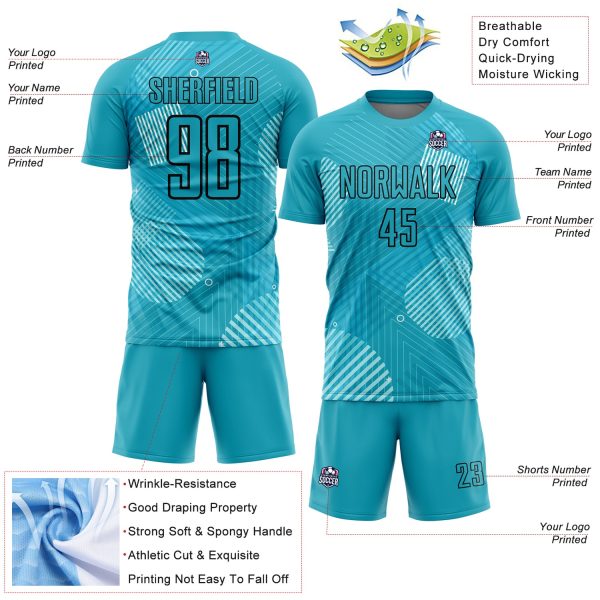 Custom Aqua Black Lines Sublimation Soccer Uniform Jersey - Image 4