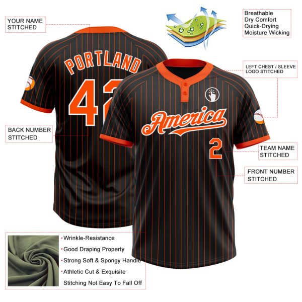 Custom Black Orange Pinstripe White Two-Button Unisex Softball Jersey - Image 3