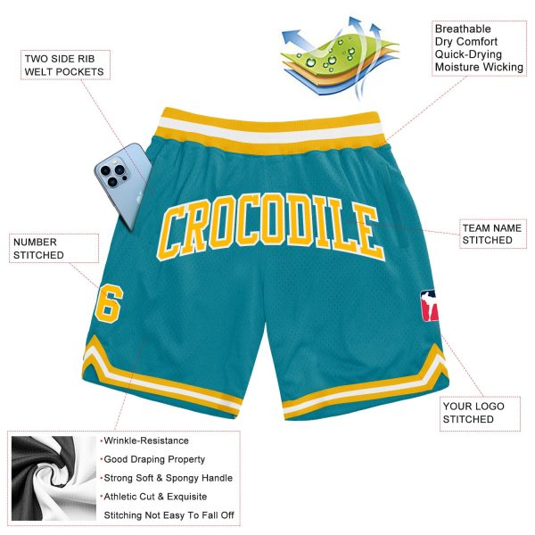Custom Teal Gold-White Authentic Throwback Basketball Shorts - Image 2