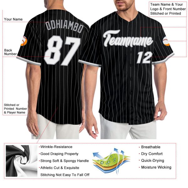 Custom Black Gray Pinstripe White-Gray Authentic Baseball Jersey - Image 3